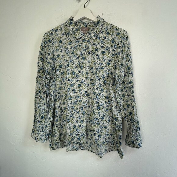J. Jill Womens Petite Medium Floral Button-Up Shirt Blue & Green Long Sleeve Top - Picture 1 of 8